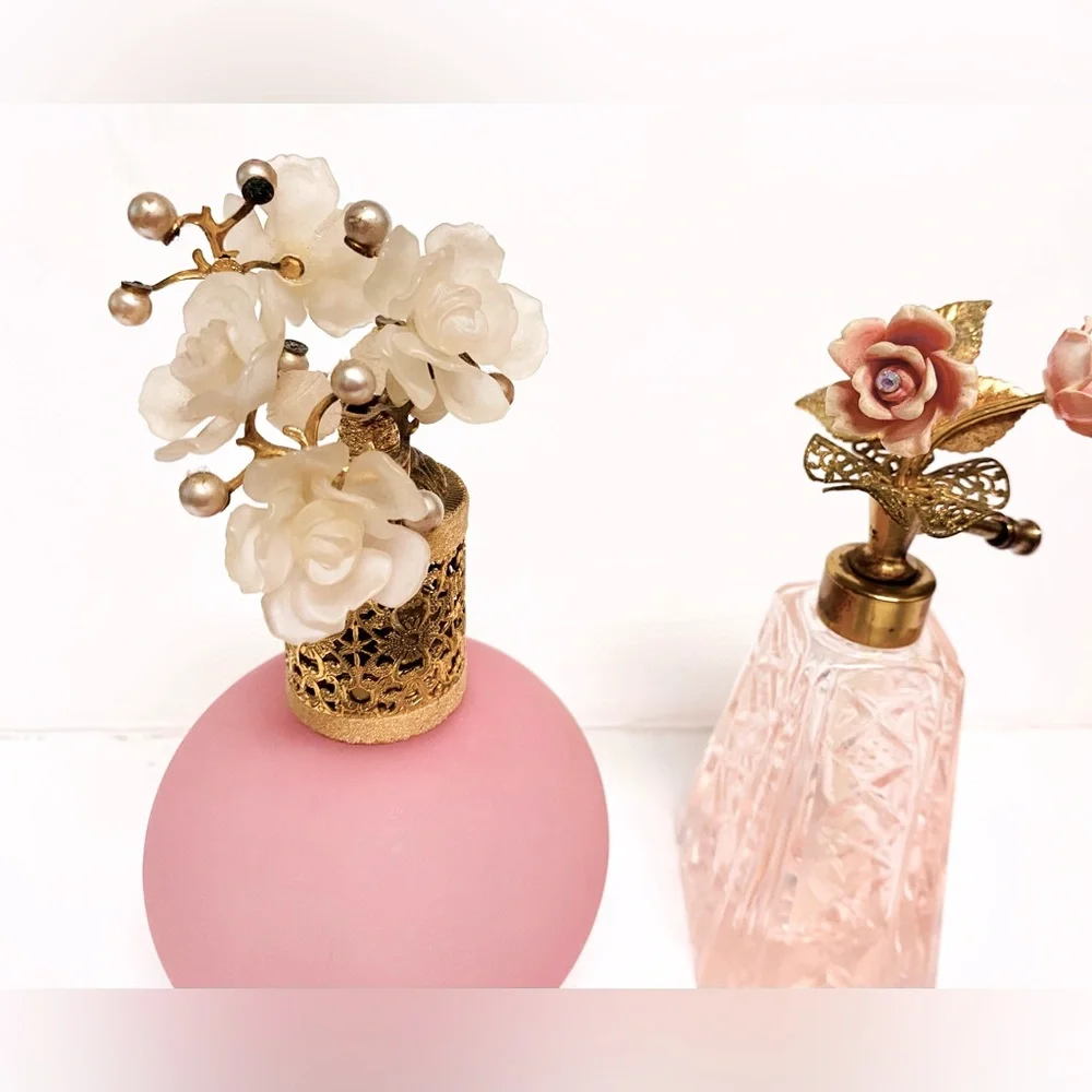2 Vintage IRICE Italy Pink Satin Cut Crystal Flowers Perfume Bottles - Picture 2 of 9